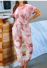Einteiliger Pyjama mit Batikmuster, lockere Kurzarm-Homewear mit Rundhalsausschnitt